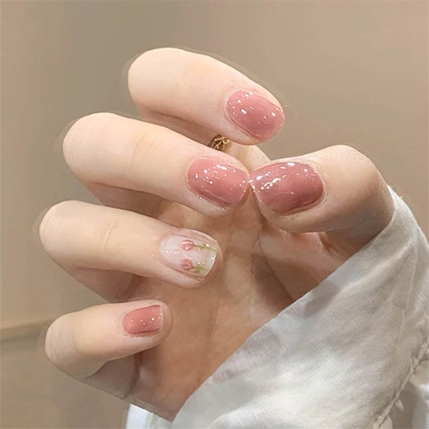 24PCS Short Acrylic Golden Hea - Nail Art Glossy 评论和价格