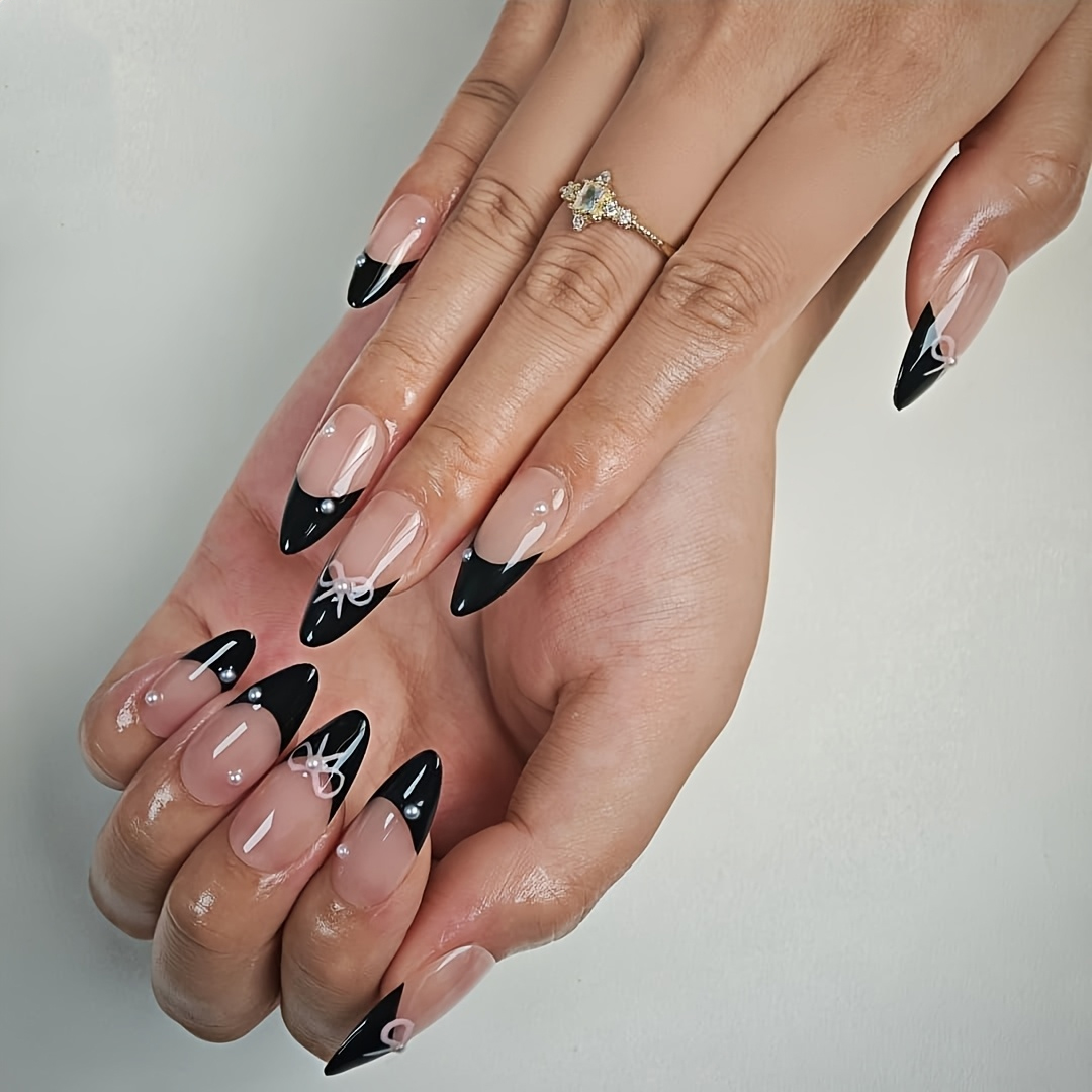 10pcs Black French False Nails - Nail Art Glossy 评论和价格